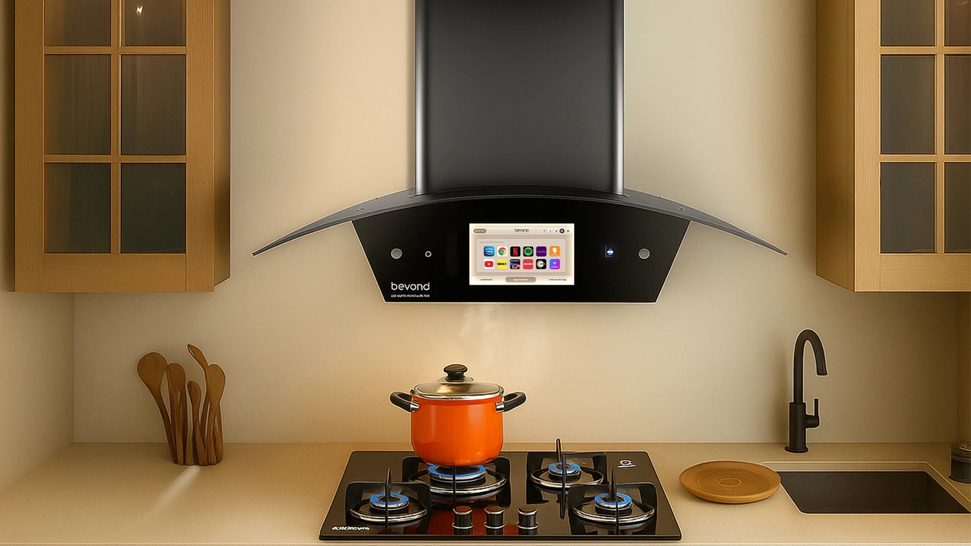 A modern kitchen showcasing smart appliances and integrated technology.