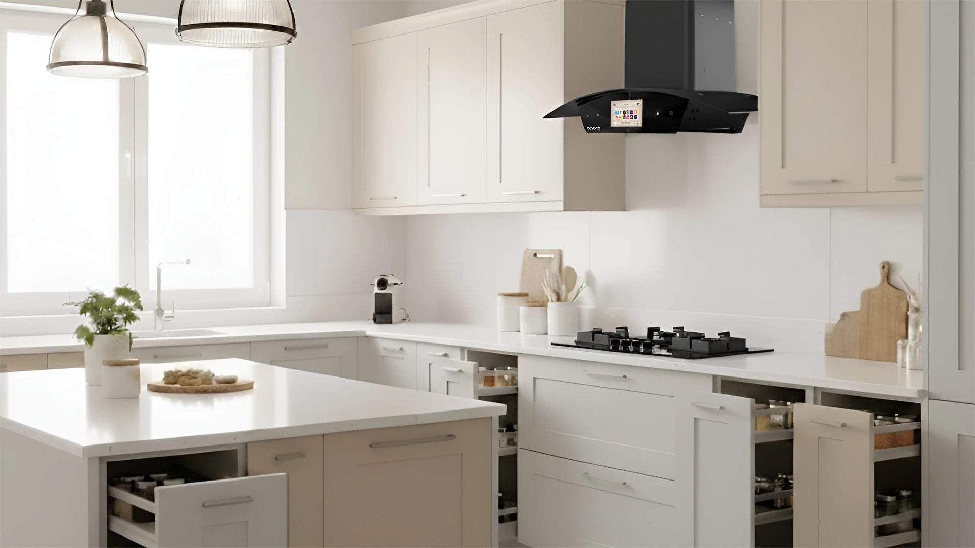 Image of a well-organized small kitchen showcasing clever storage solutions.