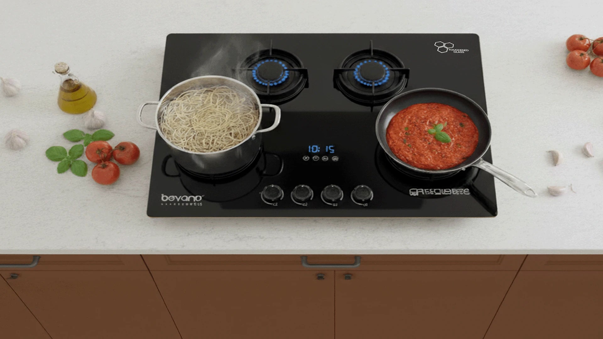 Close-up of food cooking quickly on a gas hob with efficient flame control.