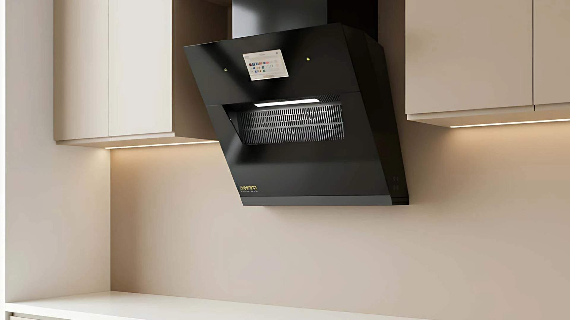 A compact kitchen featuring a space-saving ventilation system.