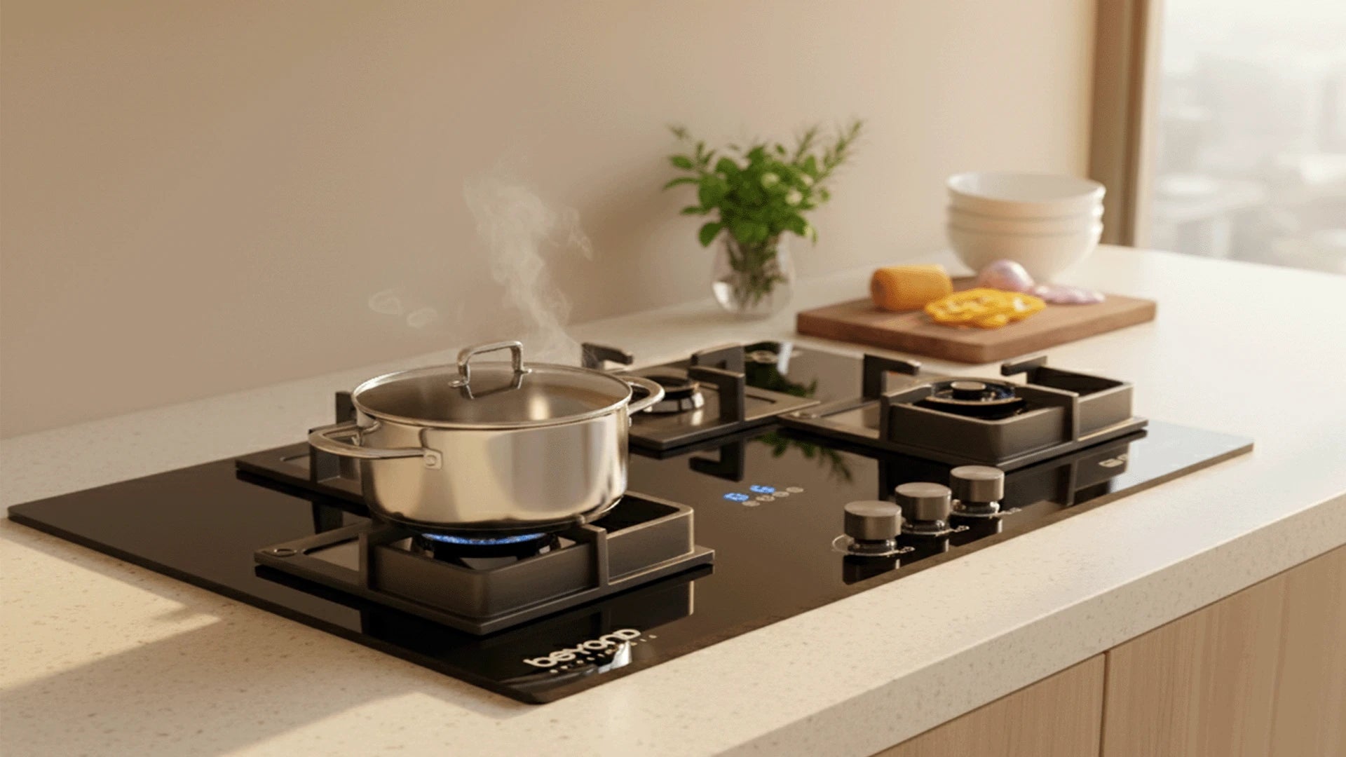 A modern gas hob with auto ignition showcased in a contemporary kitchen setting.