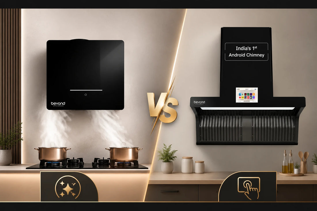 A modern kitchen showcasing different kitchen chimney styles, including a sleek wall-mounted unit above a cooktop. 