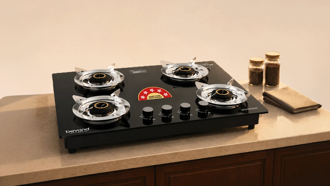 Compact 4 burner gas stove on a kitchen counter, illustrating benefits for family cooking. 