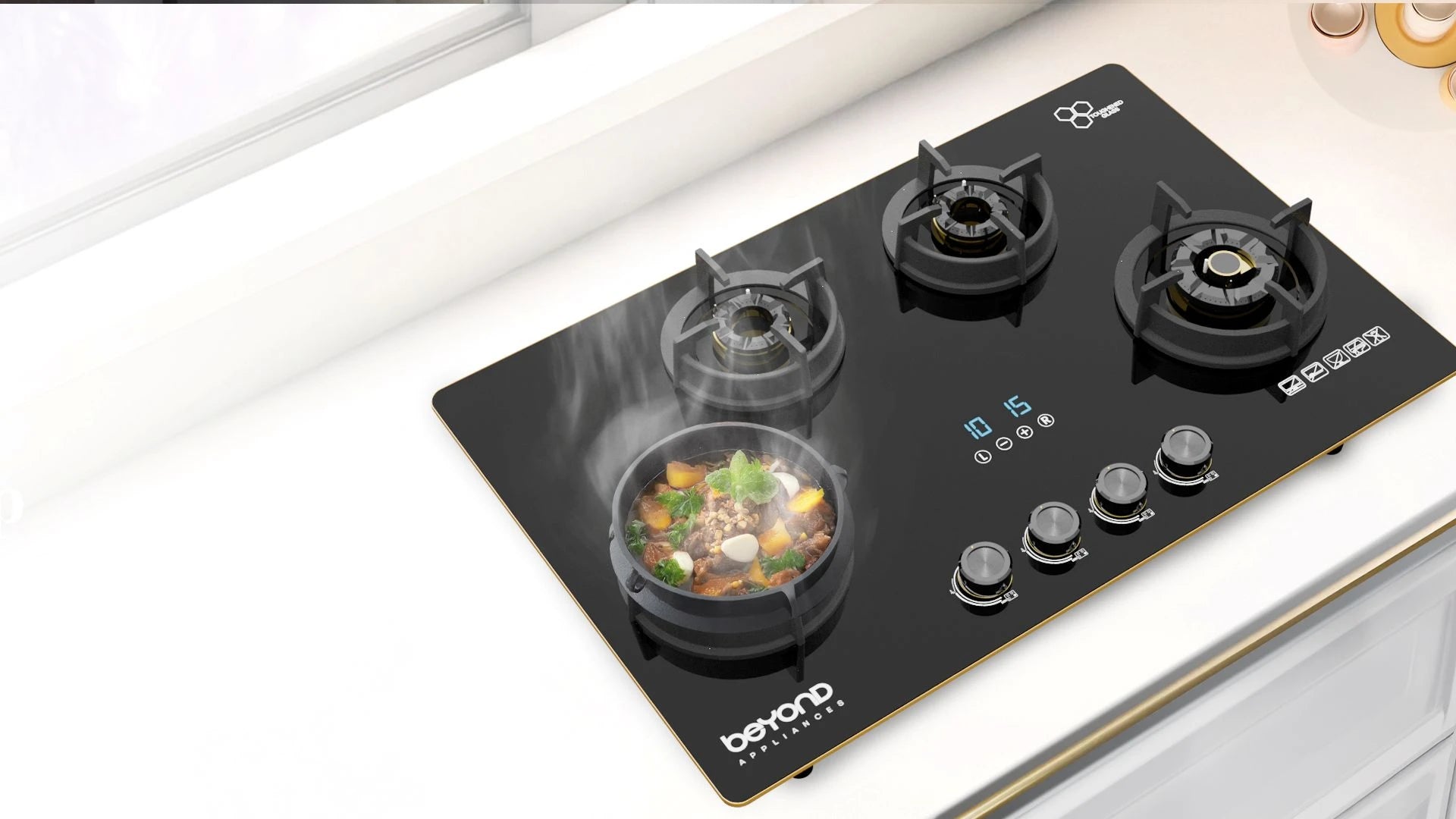 Burner placement impacts cooking results shown on a modern gas stove. 