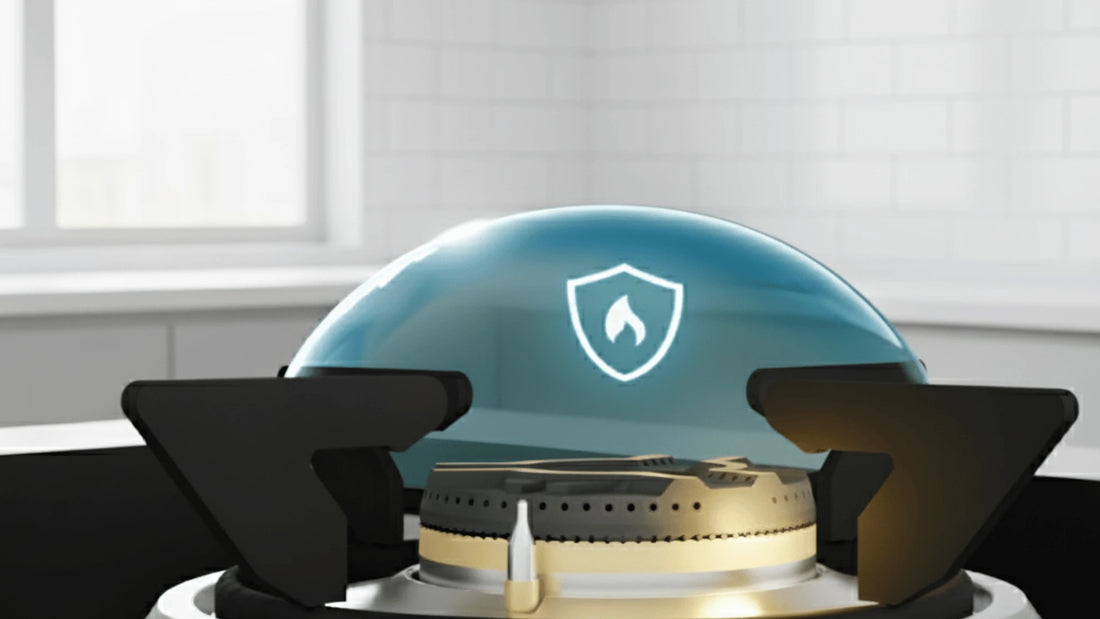 A kitchen featuring advanced safety systems, including sensors and smart appliances. 