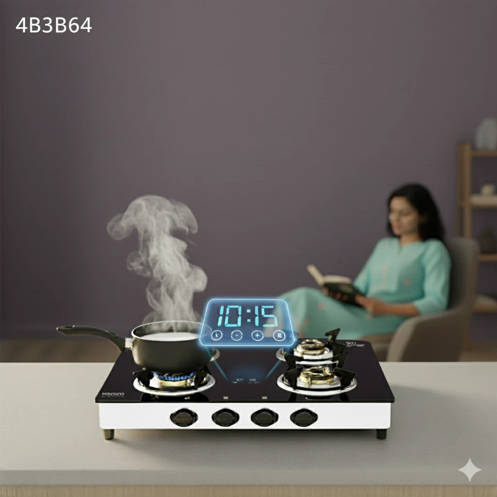 A modern induction cooktop's digital display showing how a cooktop timer works with multiple zones active. 