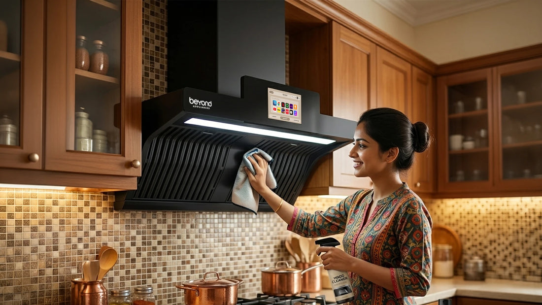 A sleek, wall mounted ductless kitchen chimney in a modern kitchen setting. 