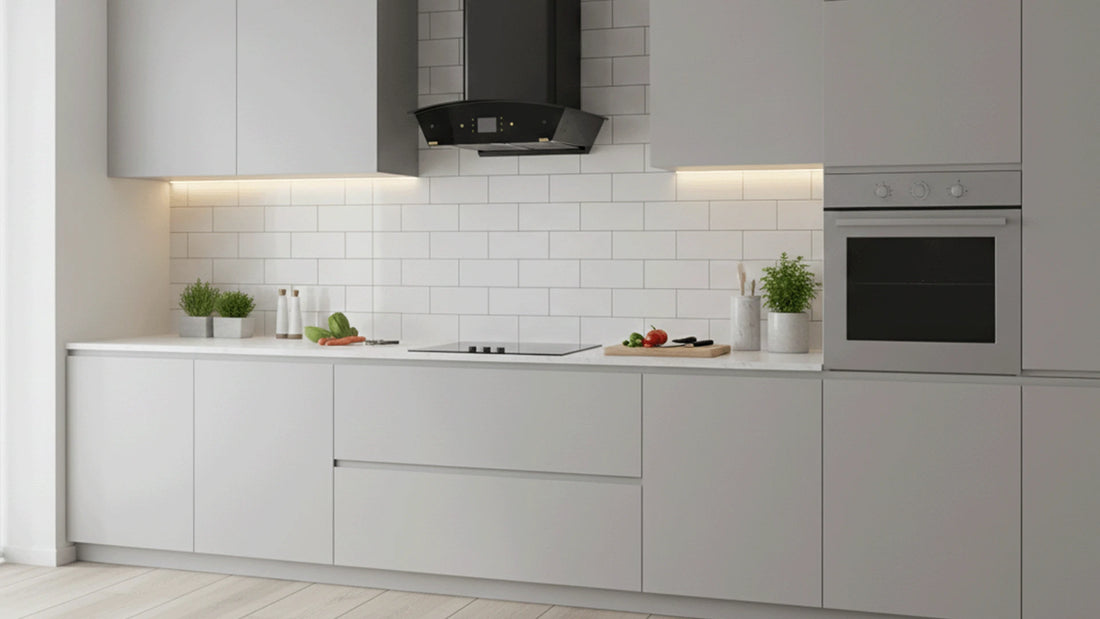 A modern, clutter-free kitchen embodying minimalist design principles with clean lines and neutral colors. 