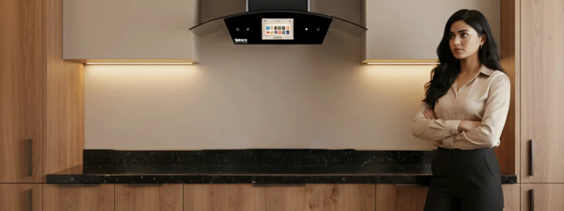 Various modern kitchen appliances arranged in a stylish kitchen setting. 