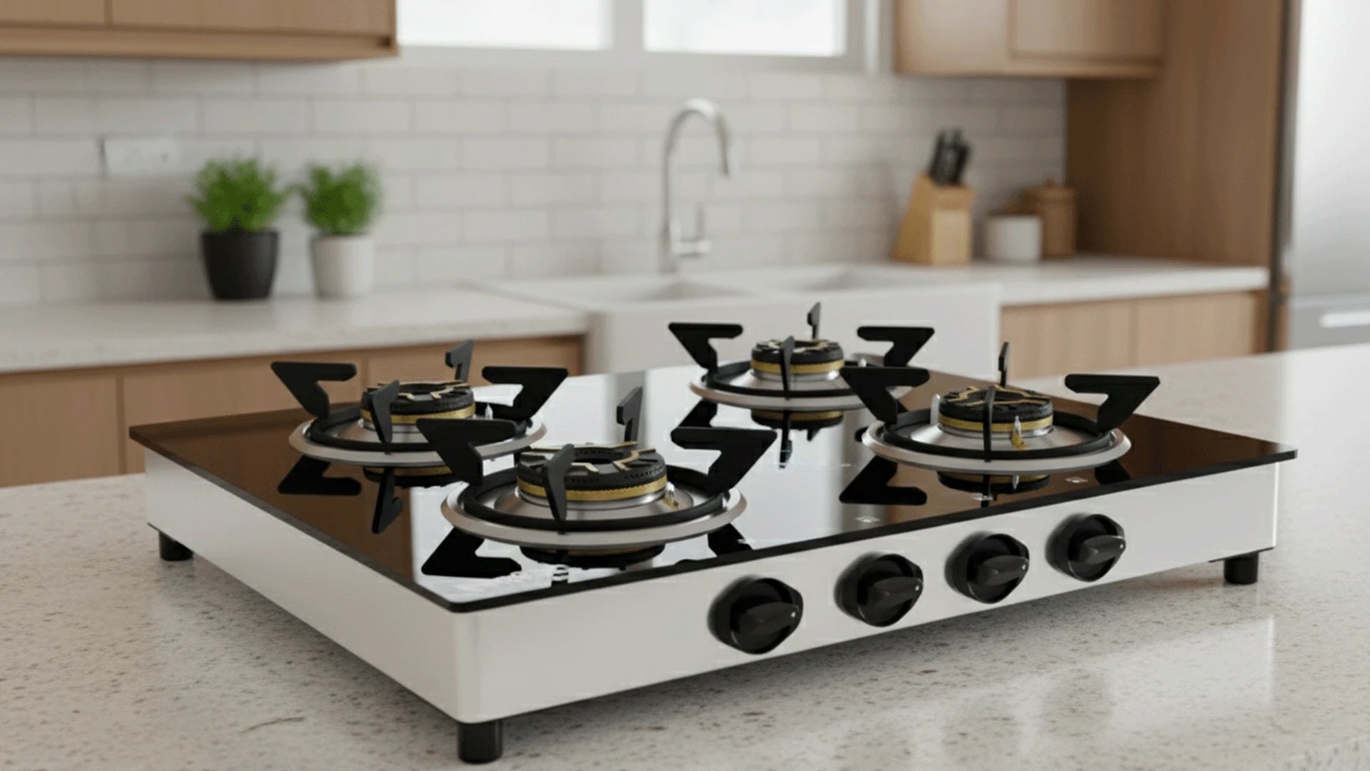 Non-stick pan on a gas stove showing uneven heat distribution. 