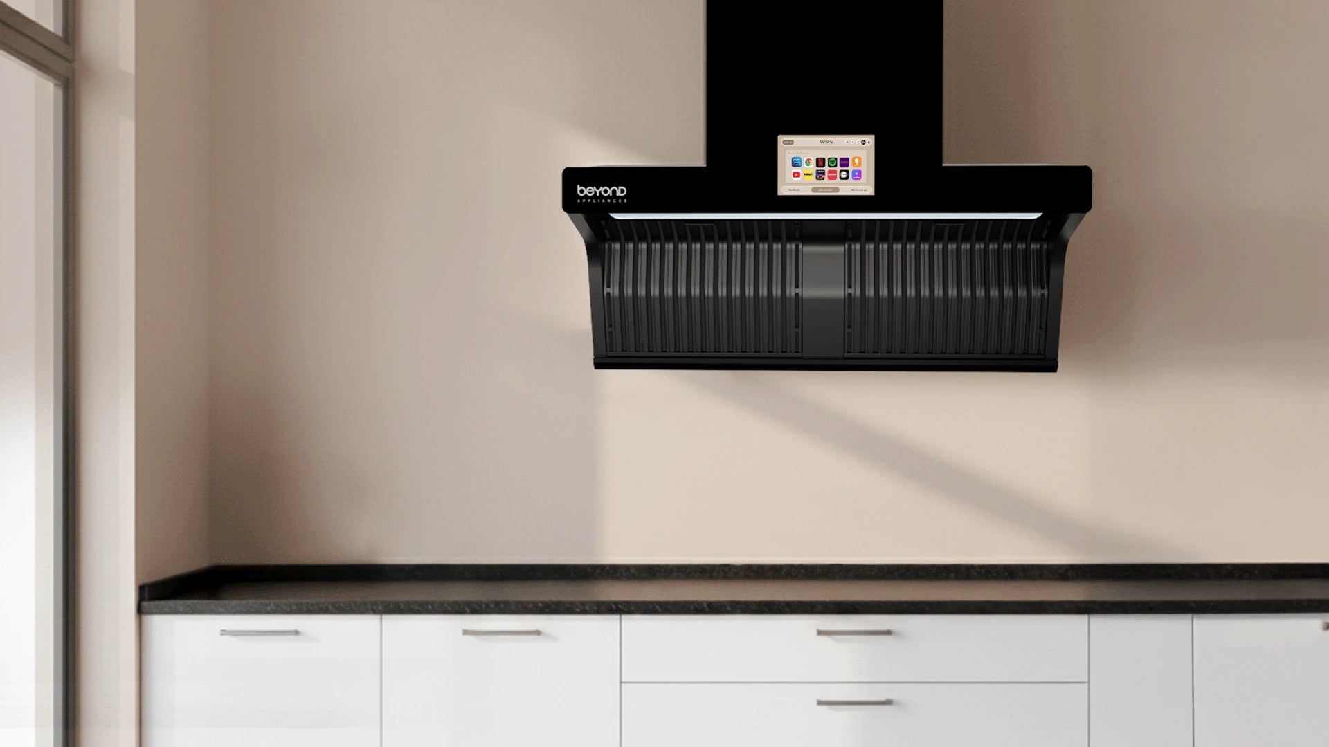 Smart chimney design with smart features for modern kitchens. 