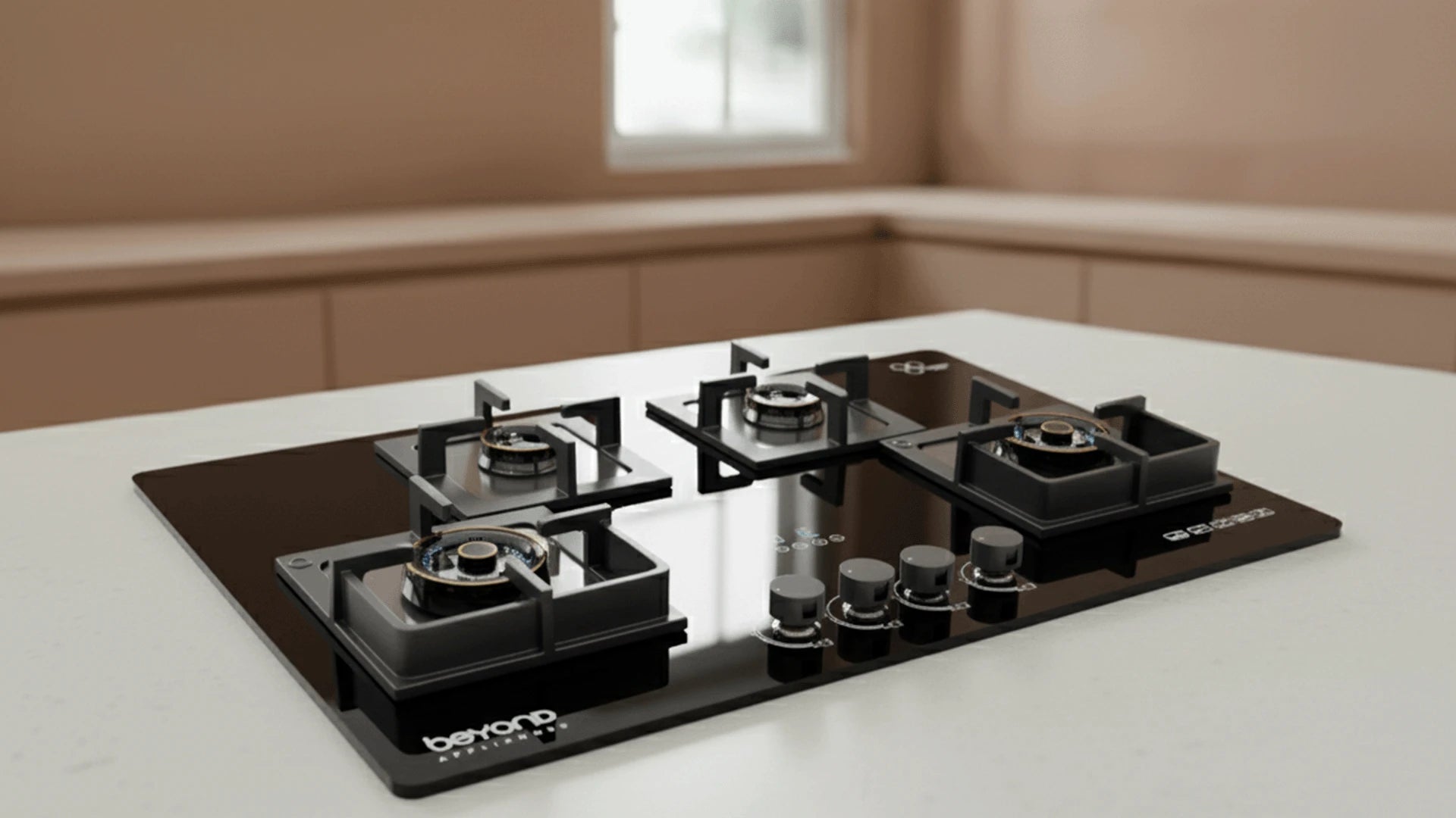 A close-up of a sleek, modern 4 burner cooktop in a contemporary kitchen setting. 